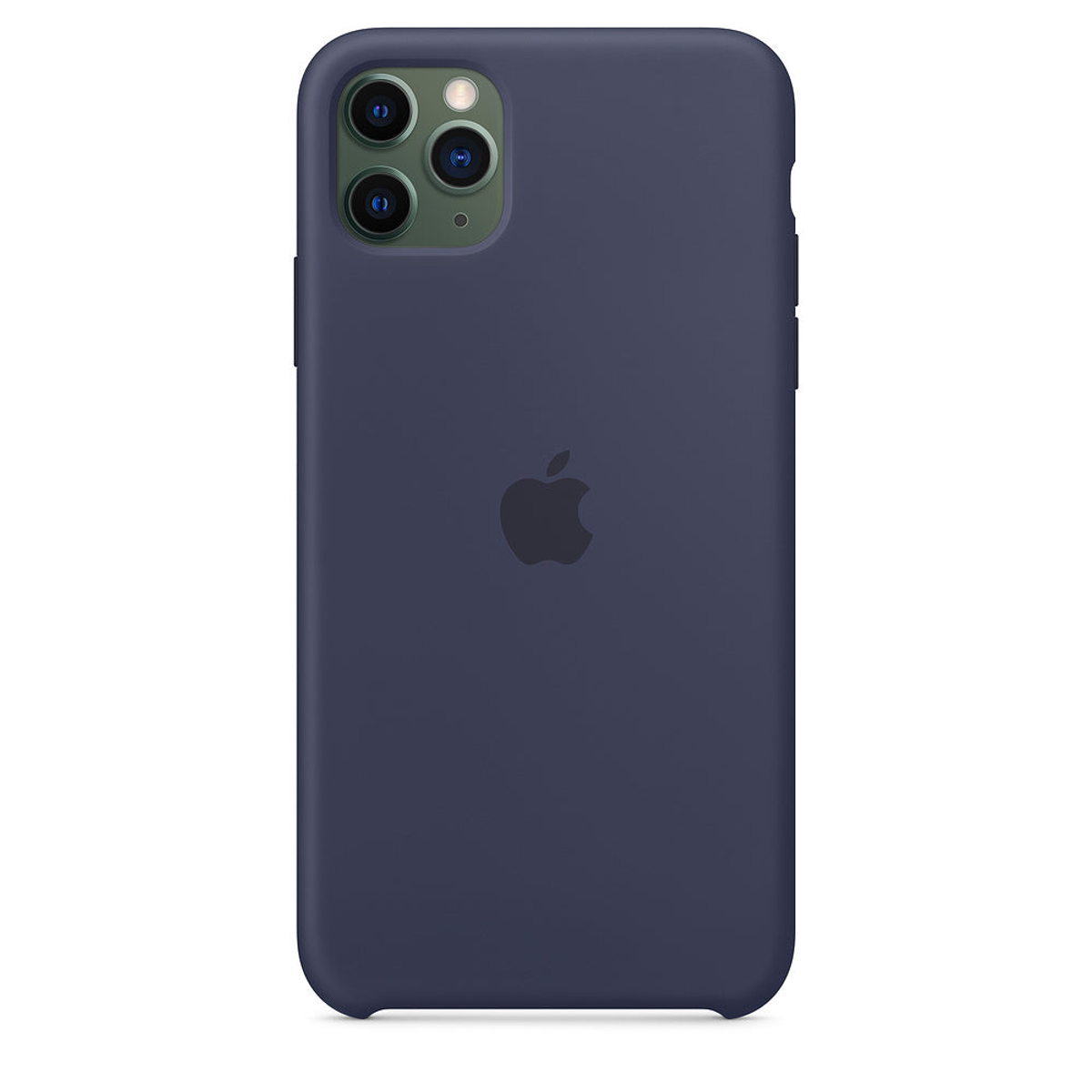 Marineblauwe iPhone 11 Pro met siliconen hoes, achterkant, Apple logo zichtbaar.