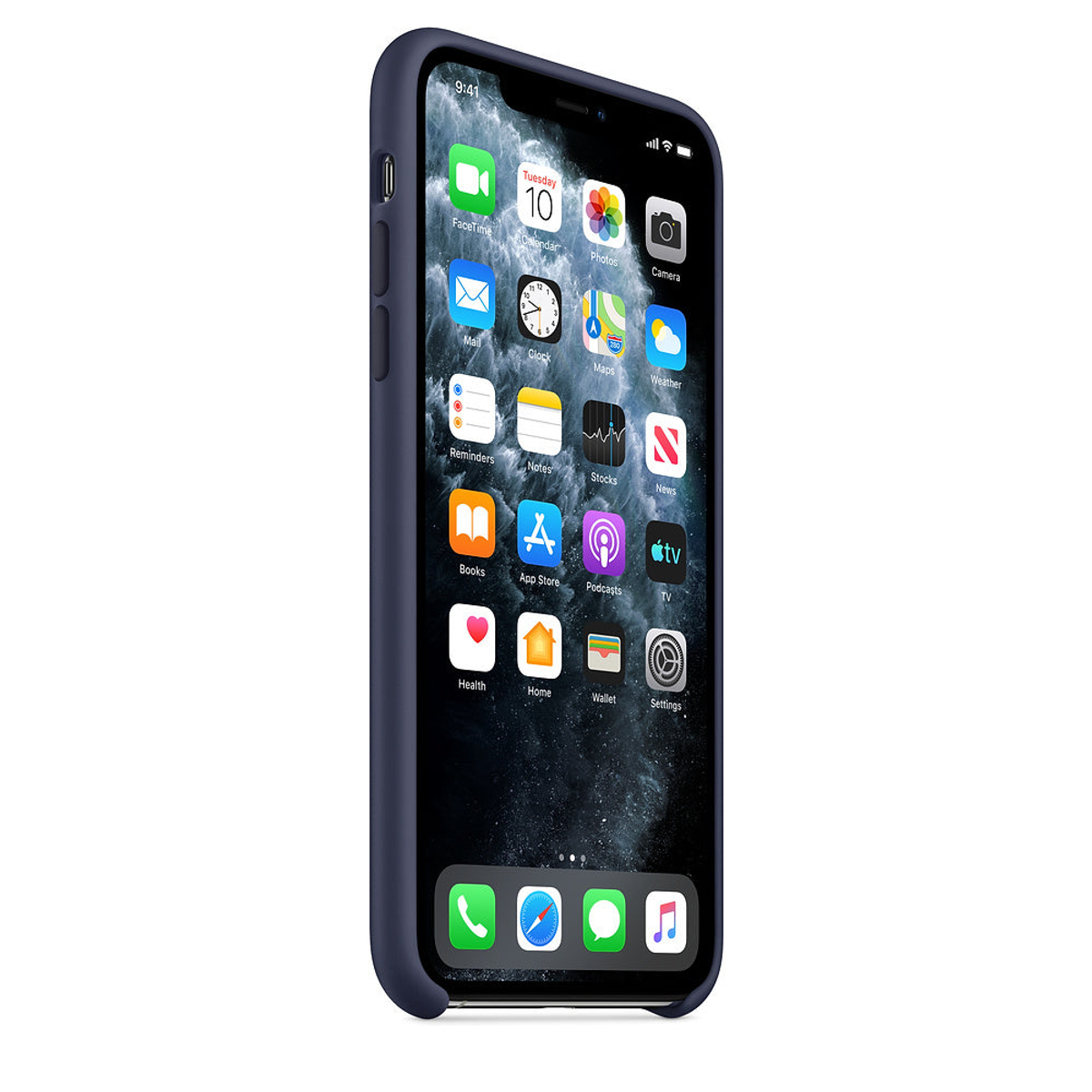 Een iPhone in een donkerblauwe hoes, met het voorscherm met app-pictogrammen.