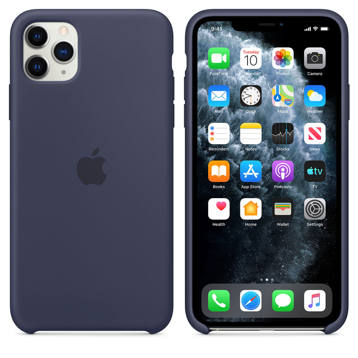 Donkerblauwe telefoon met apps zichtbaar op het scherm en een donkerblauwe hoes.