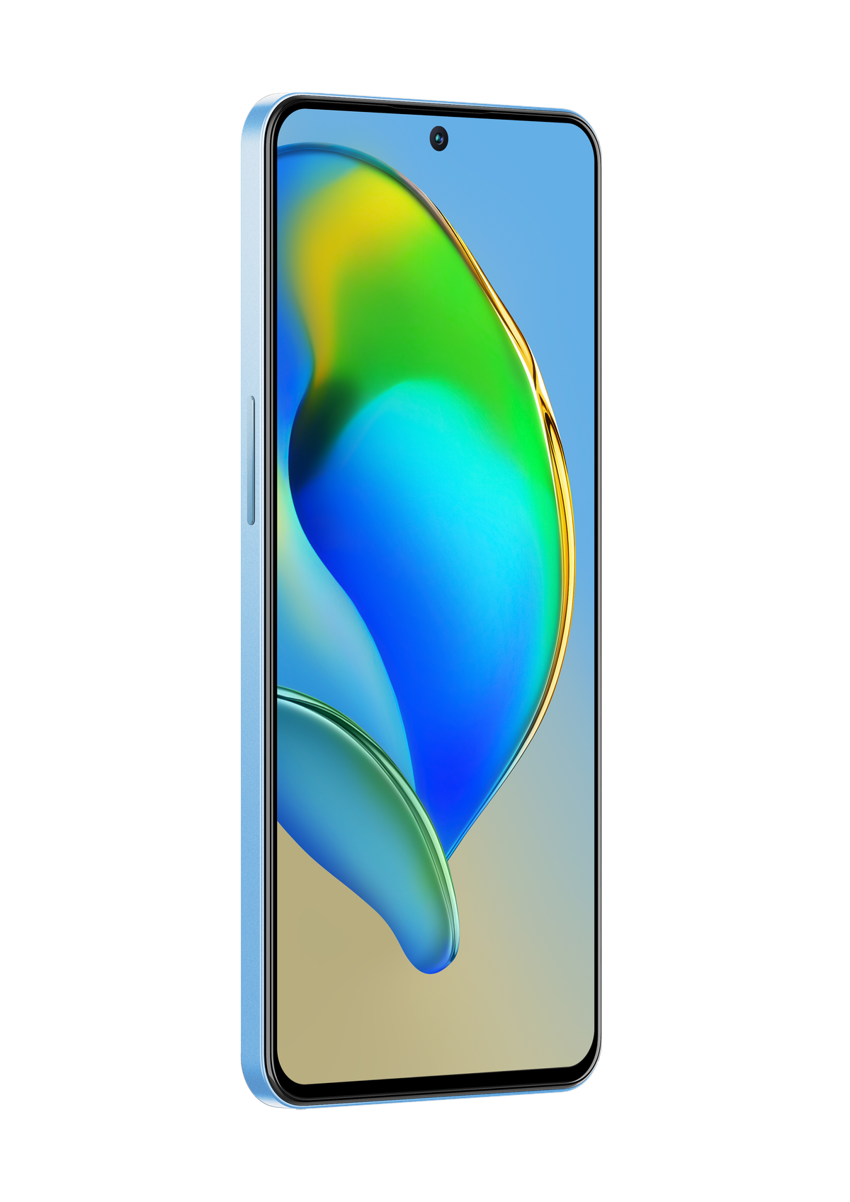 Niebieski smartfon w widoku 3/4, wyświetlający kolorowy ekran z obrazem przypominającym wodę.