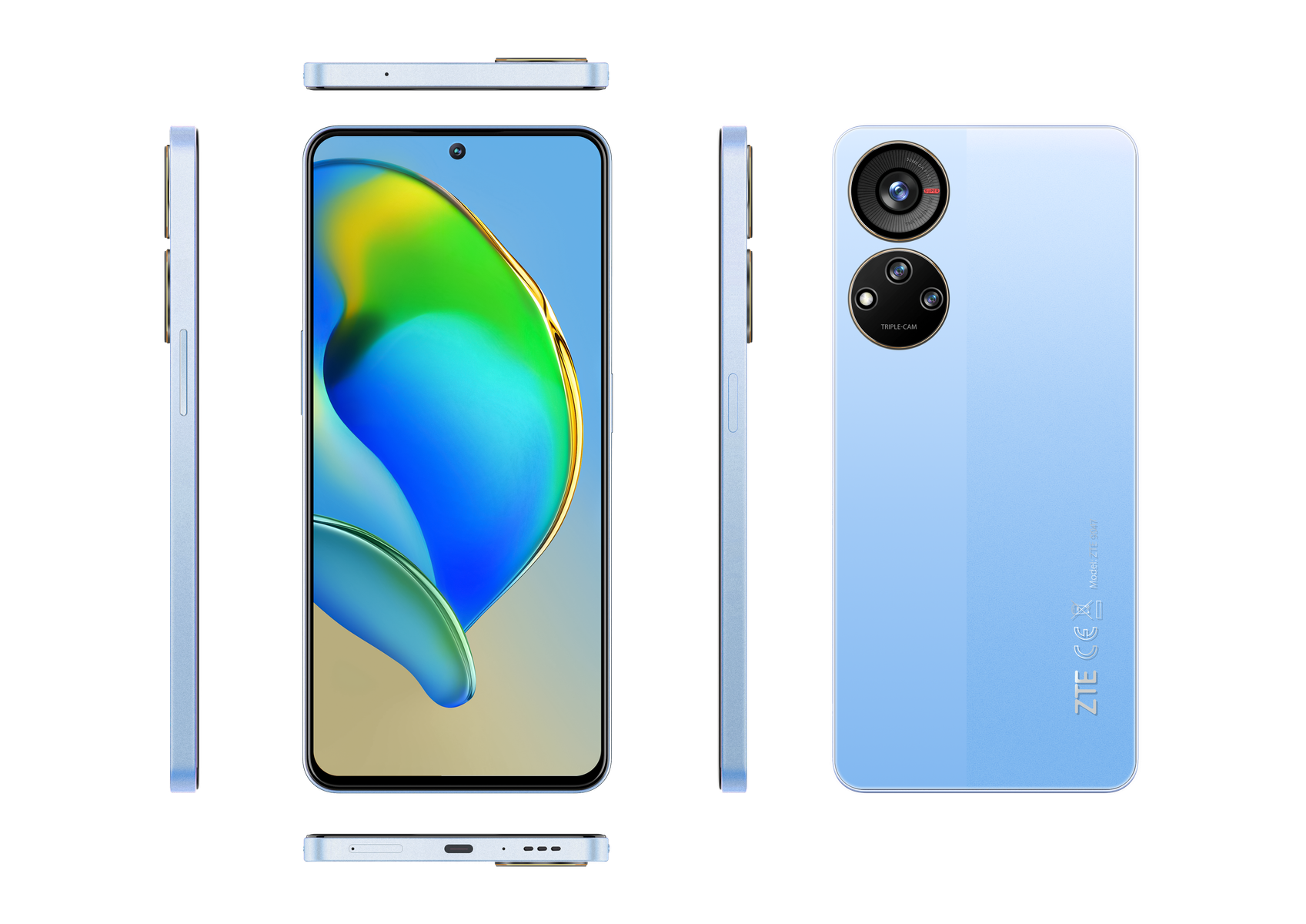 Jasnoniebieski smartfon z potrójnym aparatem, pokazano różne kąty.