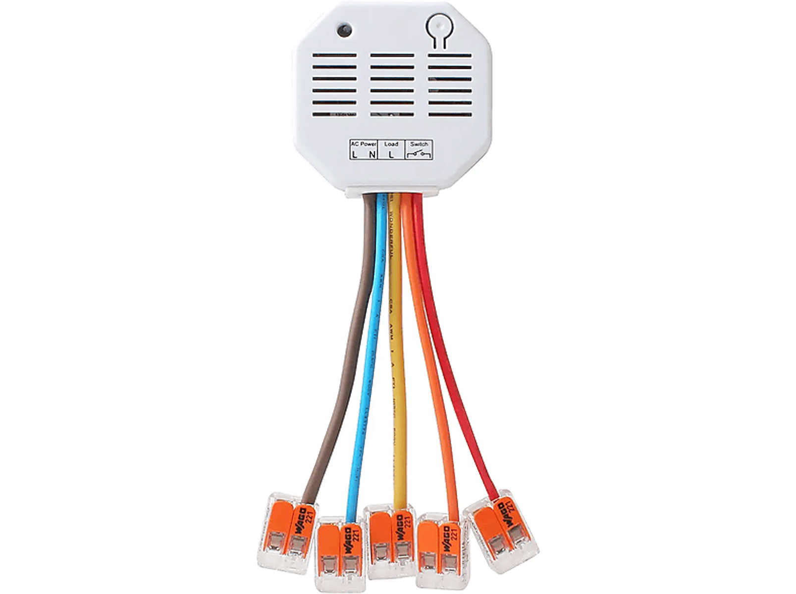 Weißes elektrisches Bauteil mit Drähten und orangen Steckern. Die Stecker sind mit farbigen Drähten verbunden.