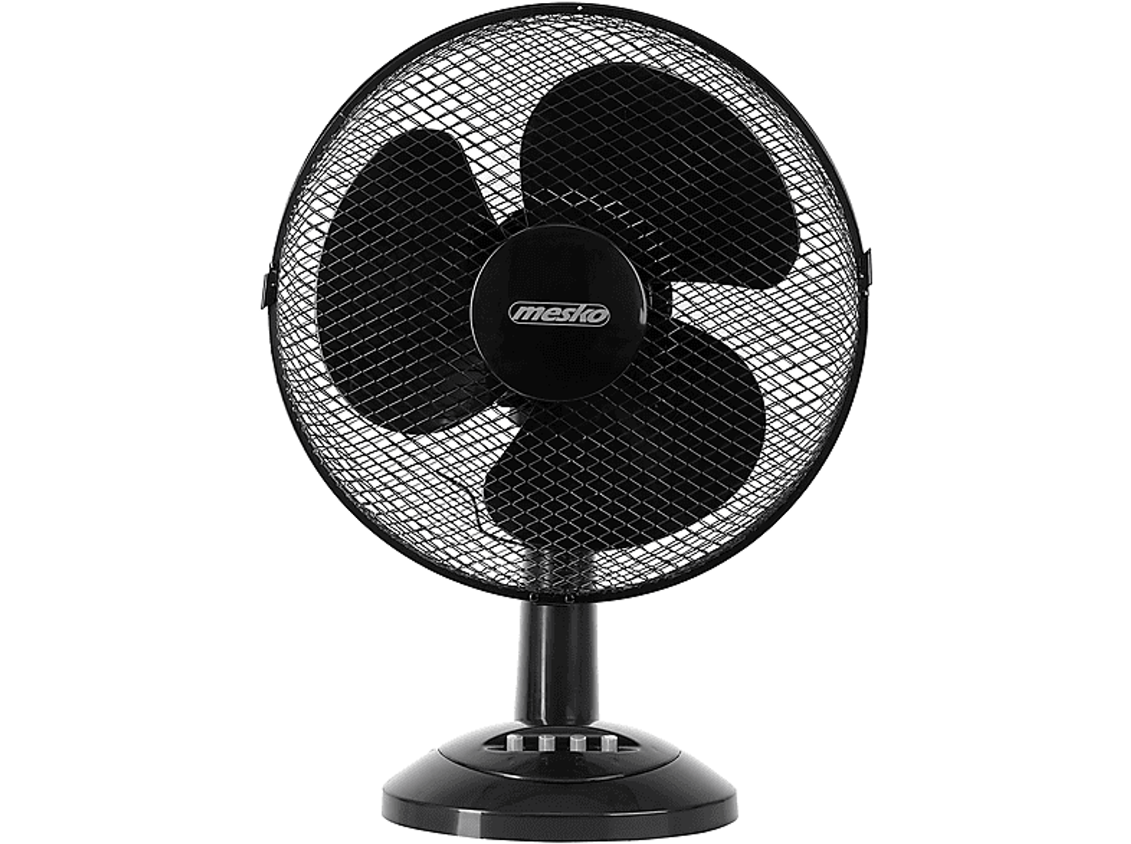 Ventilatore da scrivania nero con griglia e supporto neri. Sfondo nero.
