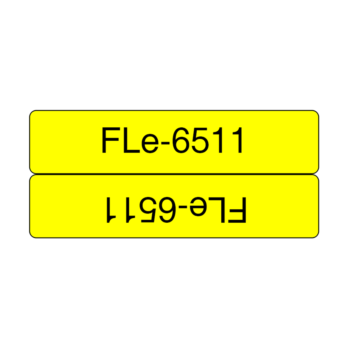 Dwie żółte etykiety z tekstem FLe-6511, jedna pionowo, druga do góry nogami.