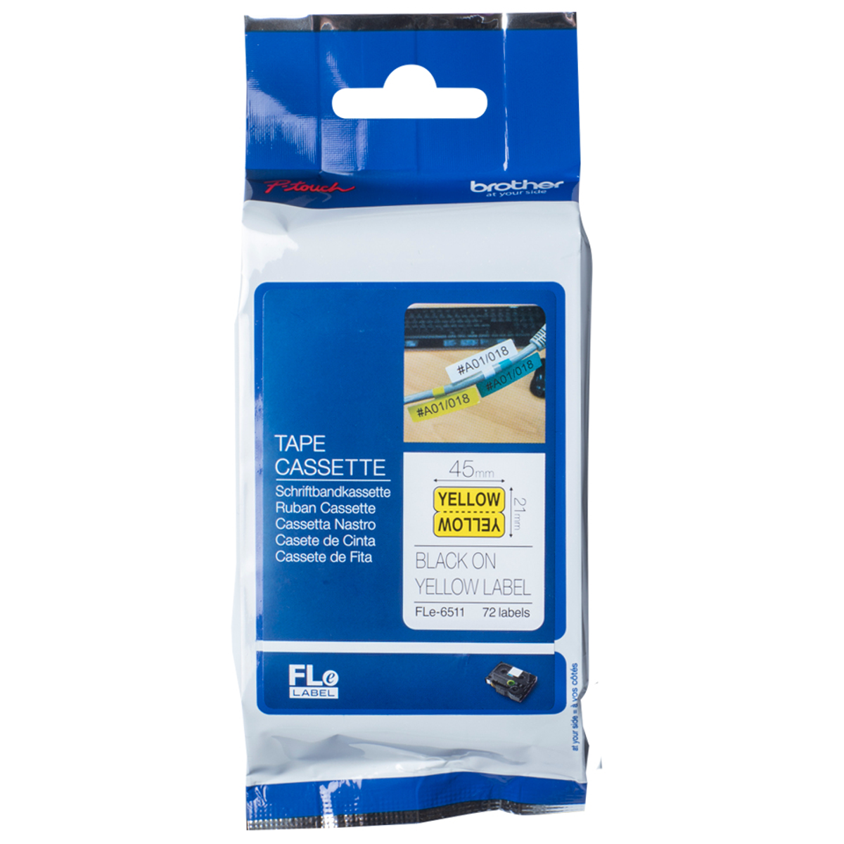 Białe opakowanie kasety z taśmą z tekstem i czarnymi etykietami na białym tle.