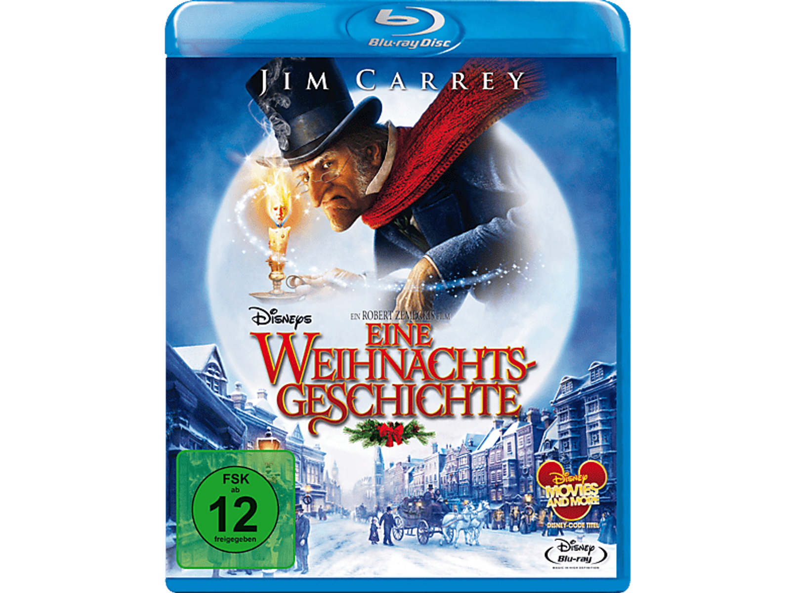 Blu-ray Cover von 'Eine Weihnachtsgeschichte' mit Jim Carrey, schneebedeckter Stadt.