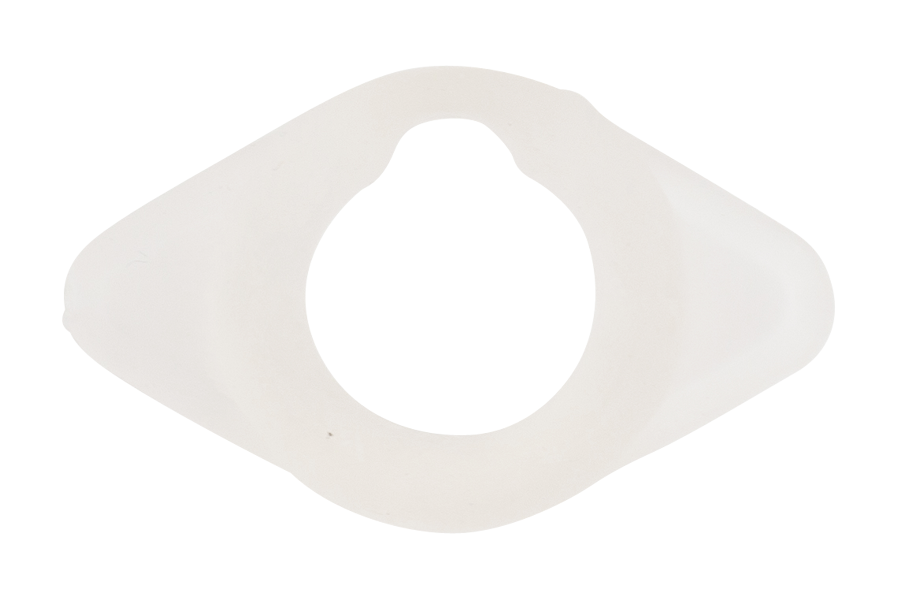 Ein weißes, oval geformtes Objekt mit einem Loch in der Mitte, isoliert auf weißem Hintergrund.
