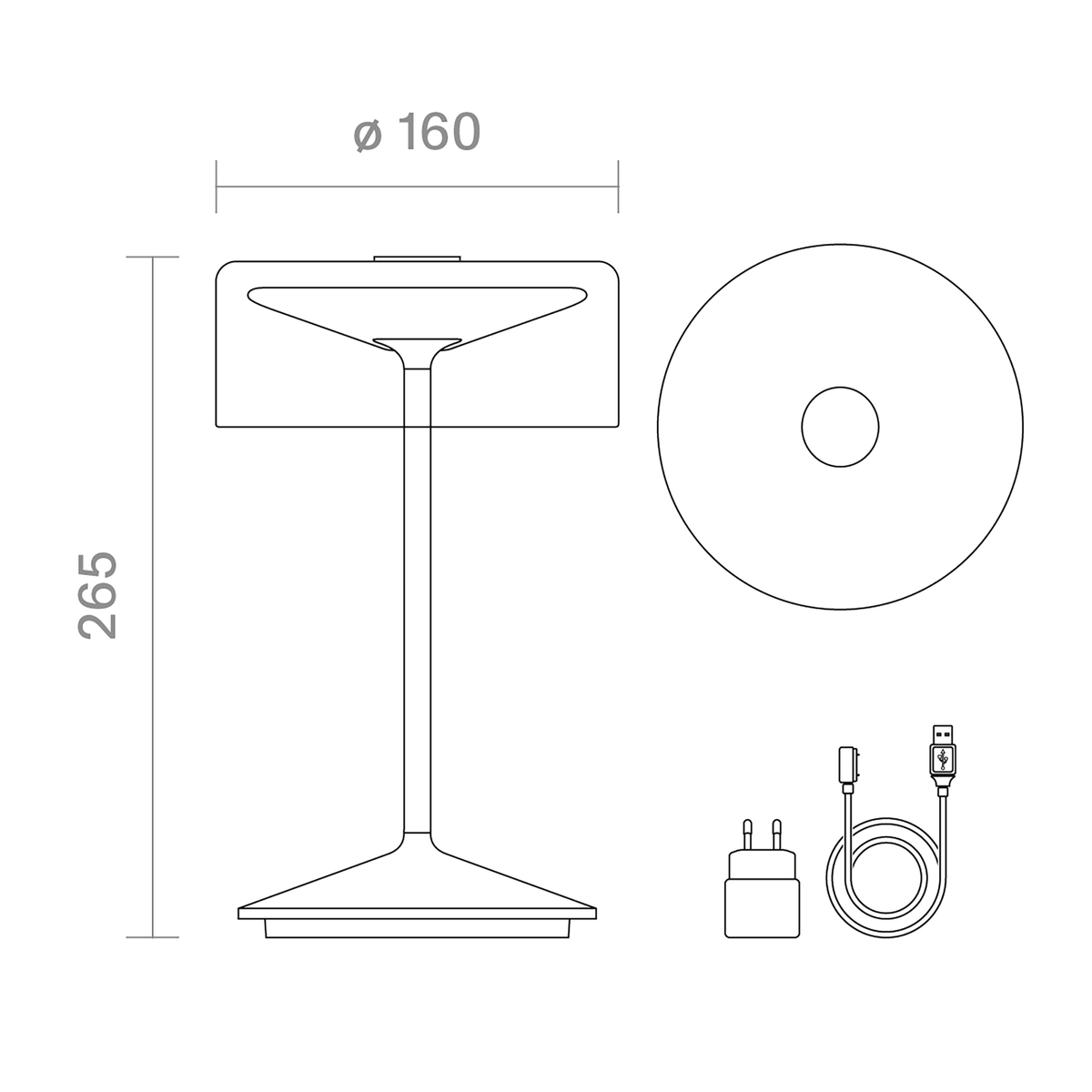 Schwarz-weiß Diagramm einer Lampe mit Abmessungen. Enthält einen Netzadapter und ein Kabel.