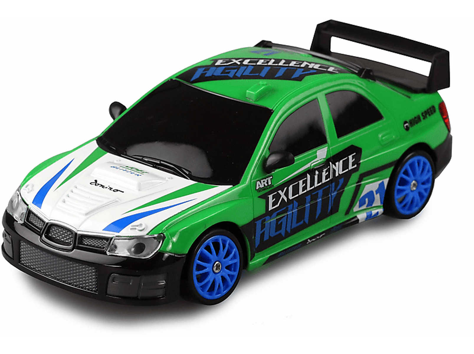 Macchina giocattolo verde e bianca con spoiler e ruote blu, scritta 'Excellence Agility'.