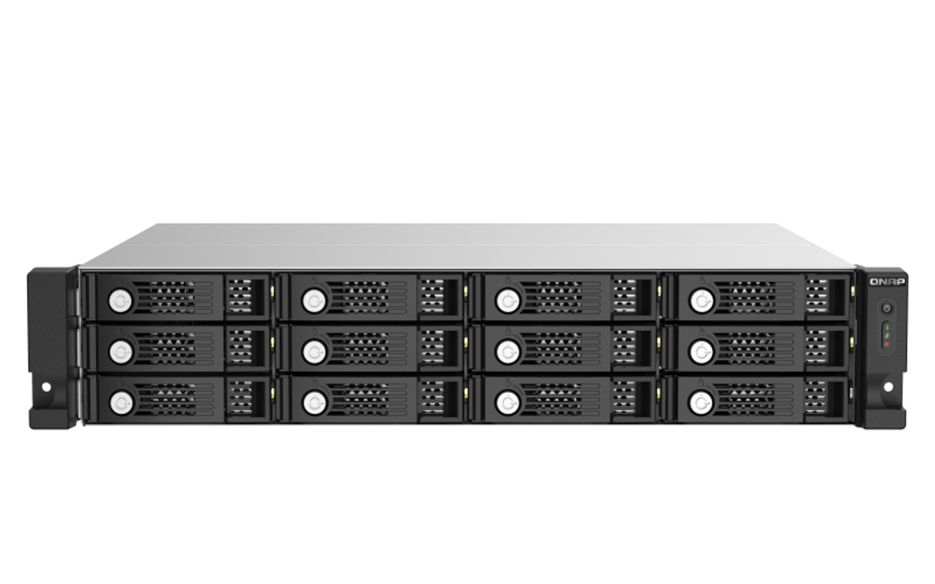 Un server nero e argento con più vani disco su sfondo bianco.