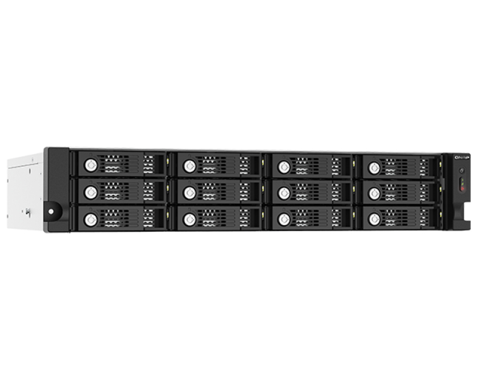 Un server nero e argento con più vani disco su sfondo bianco.
