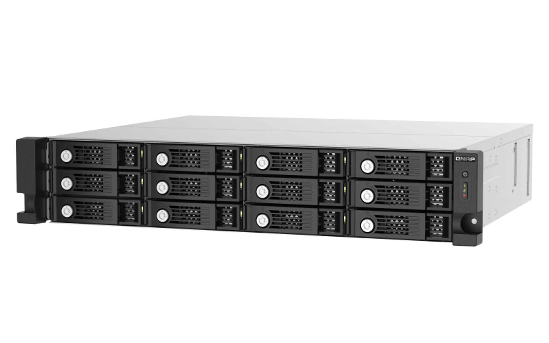 Un server nero e argento con più vani disco su sfondo bianco.