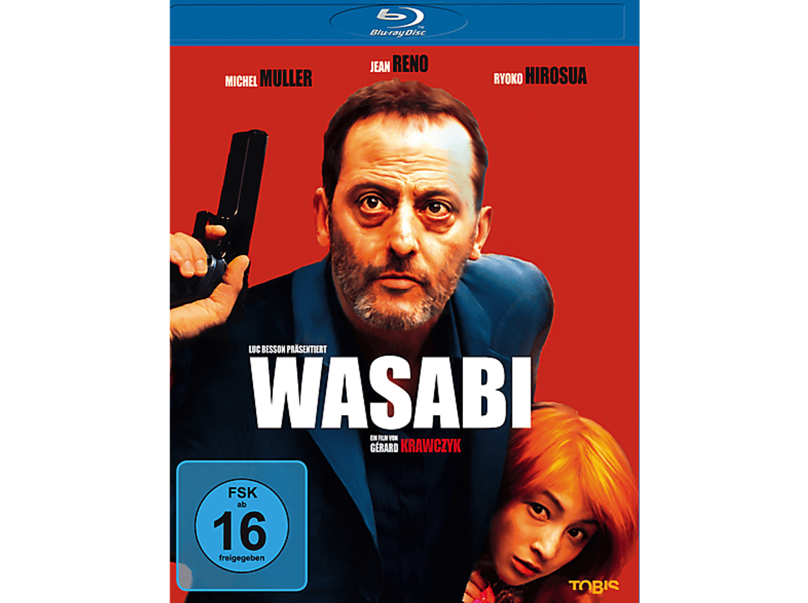Ein Mann mit Waffe, Jean Reno, und eine Frau mit roten Haaren. Filmplakat WASABI.