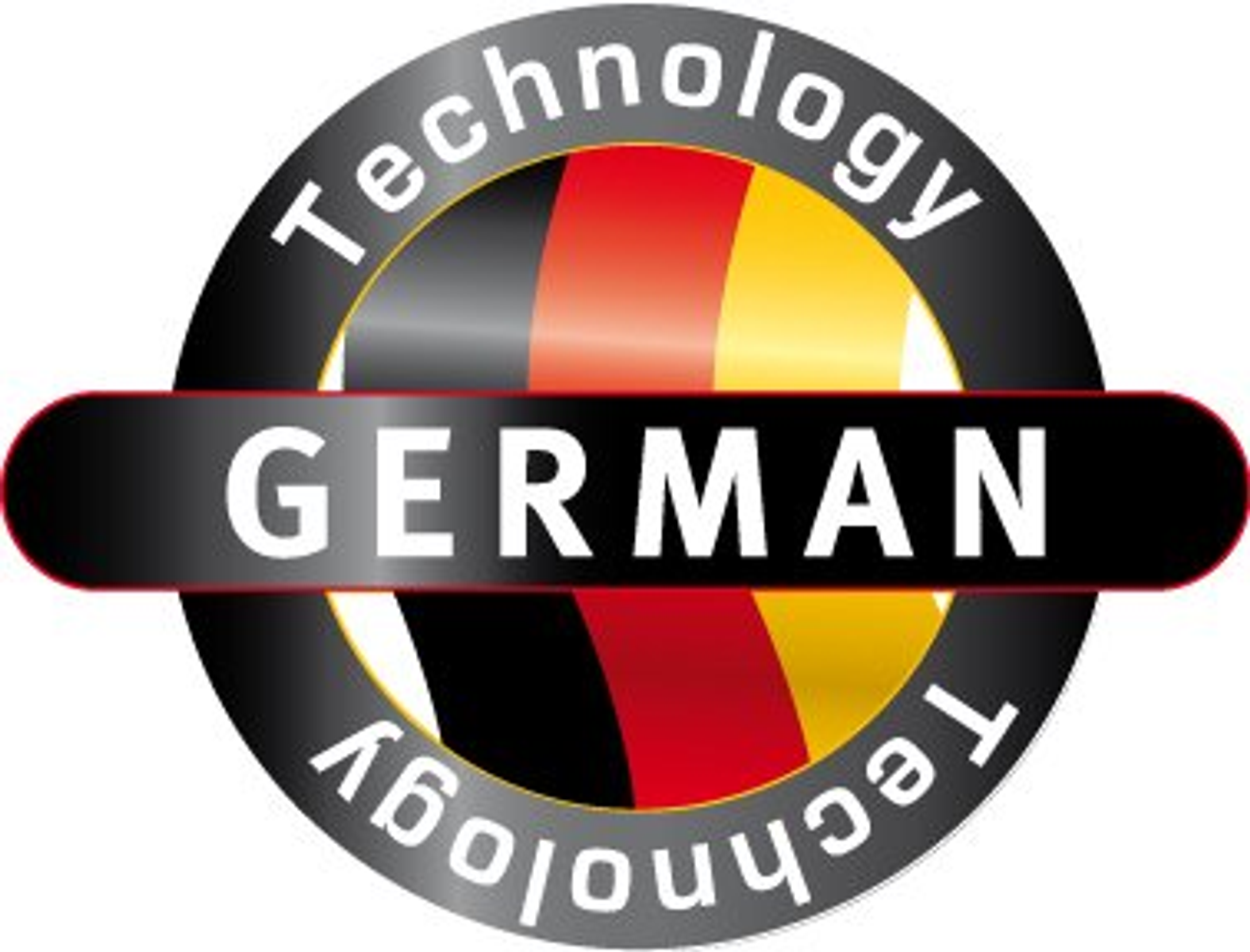 Logo della tecnologia tedesca. Sfondo nero, colori della bandiera tedesca e la parola TEDESCO.