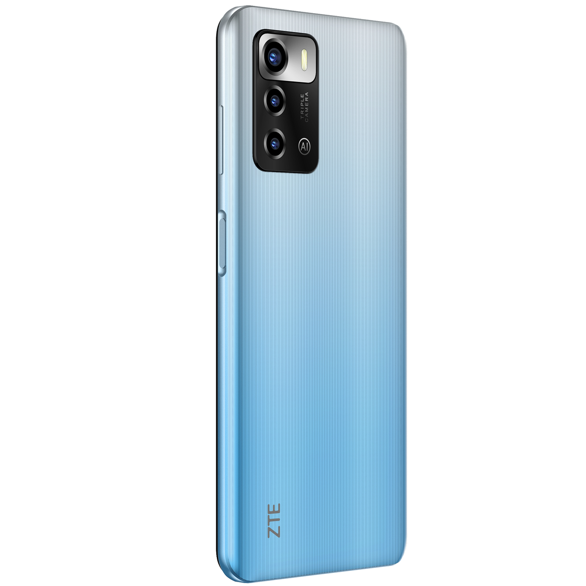 Ein blaues Telefon mit Dreifachkamera und ZTE-Logo.
