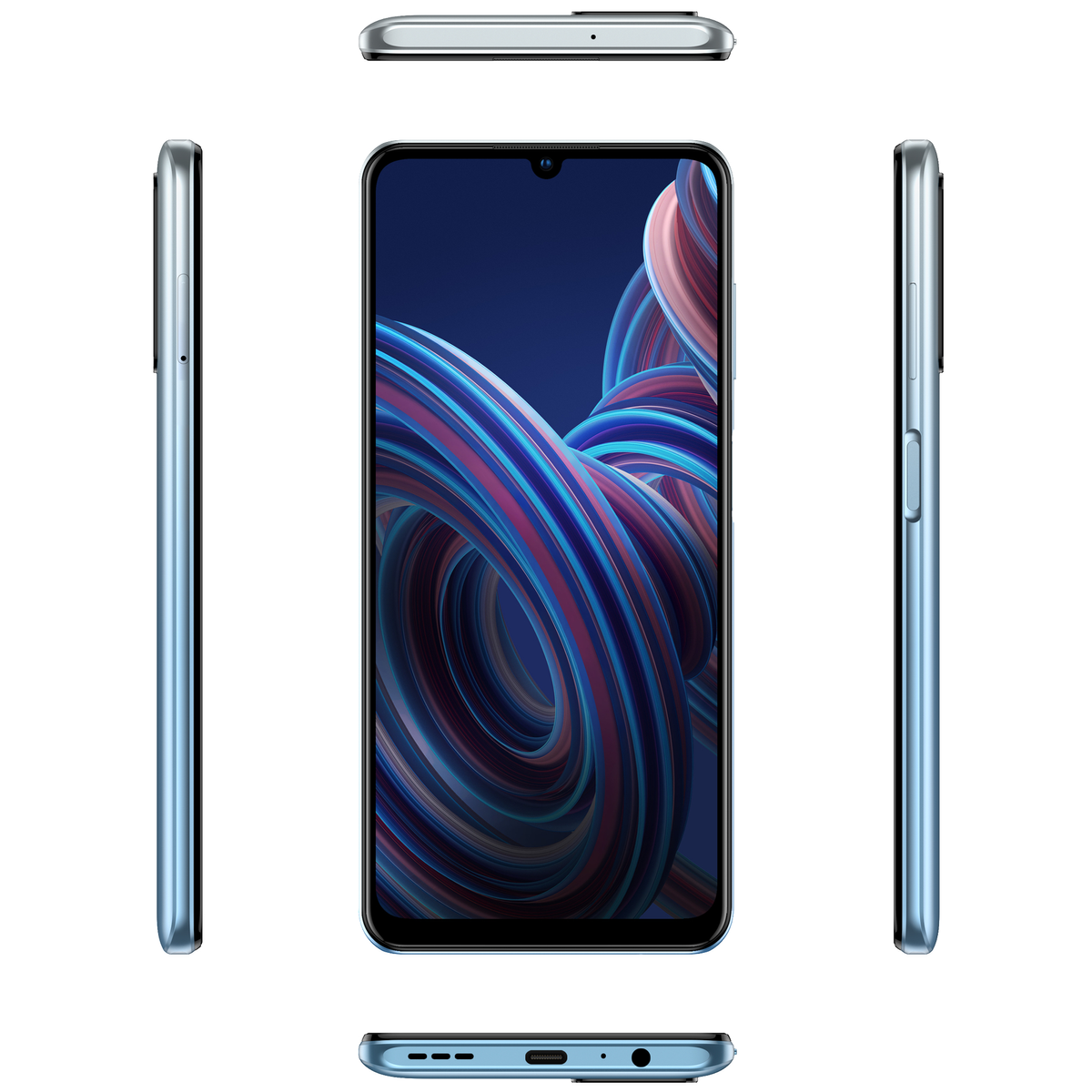 Smartphone aus verschiedenen Winkeln. Das Telefon ist hellblau und hat ein Bildschirmmuster in Blau und Pink.