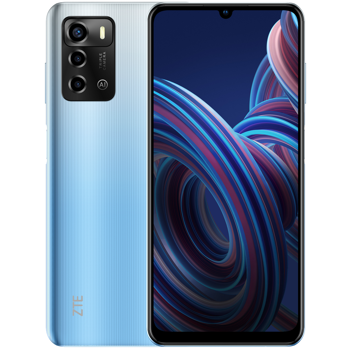 Blaues Telefon mit Dreifachkamera und Dual-Tone-Display, Vorder- und Rückansicht.