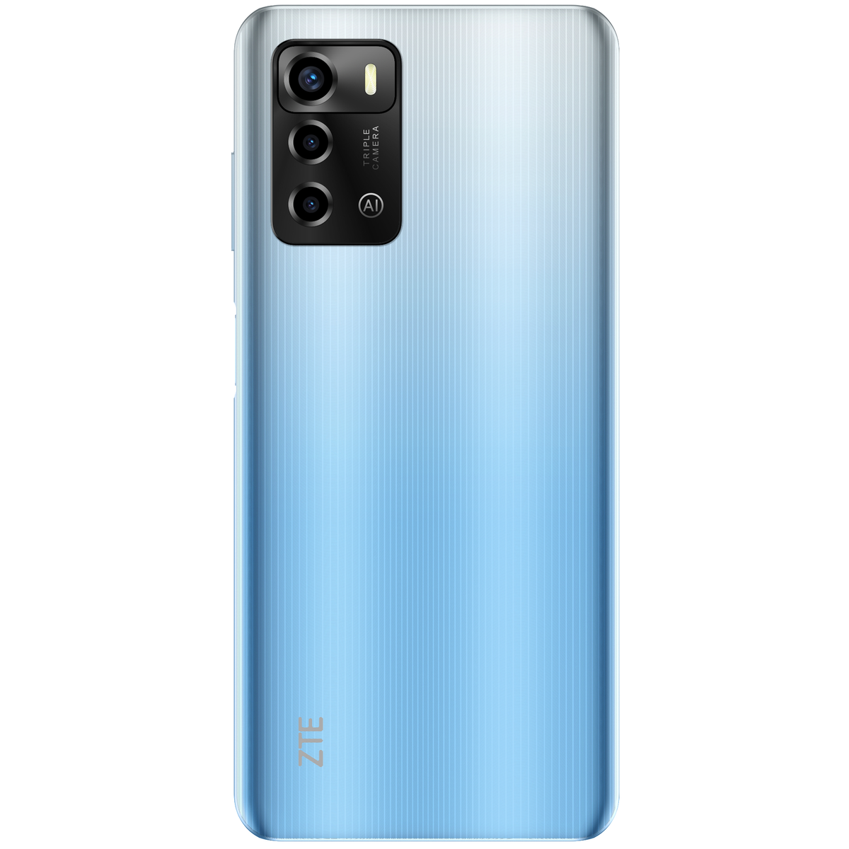 Ein hellblaues ZTE-Smartphone mit Dreifach-Kamera auf der Rückseite.