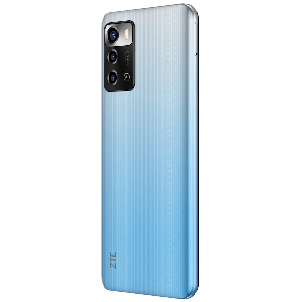 ZTE-Telefon mit blauem Farbverlauf, Dreifachkamera, von hinten gesehen.