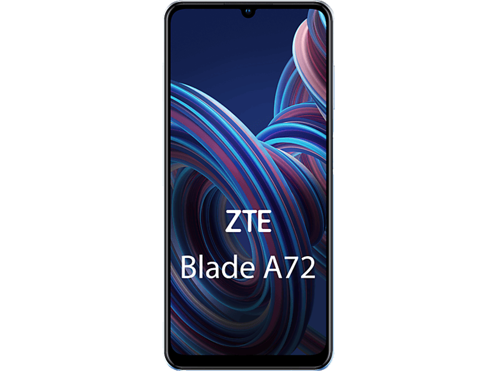 Smartphone mit blau-weißem Wirbeldesign, Text 'ZTE Blade A72' wird angezeigt.