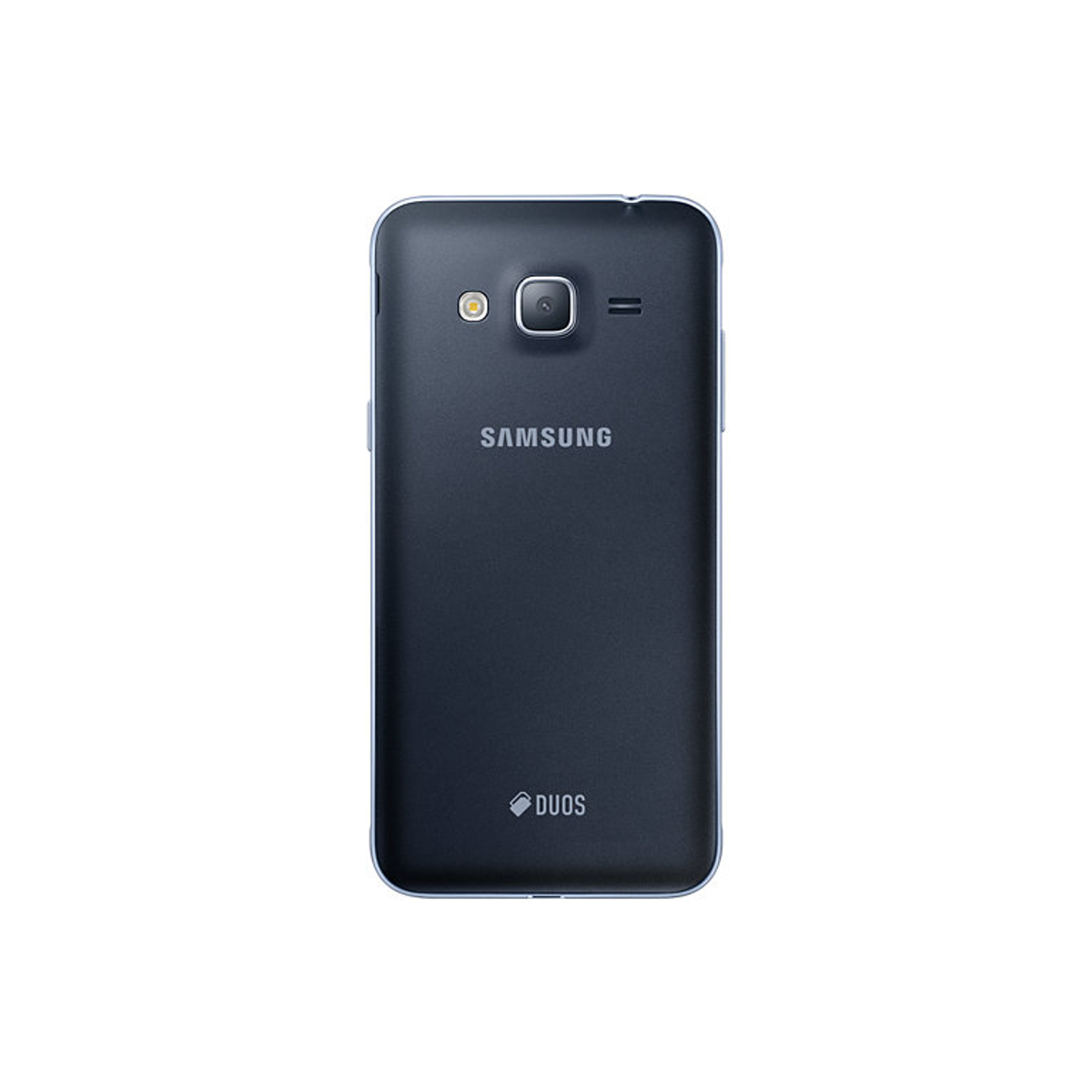 Die Rückseite eines schwarzen Samsung Duos Smartphones. Es hat eine Kamera, einen Blitz und Samsung/Duos-Branding.