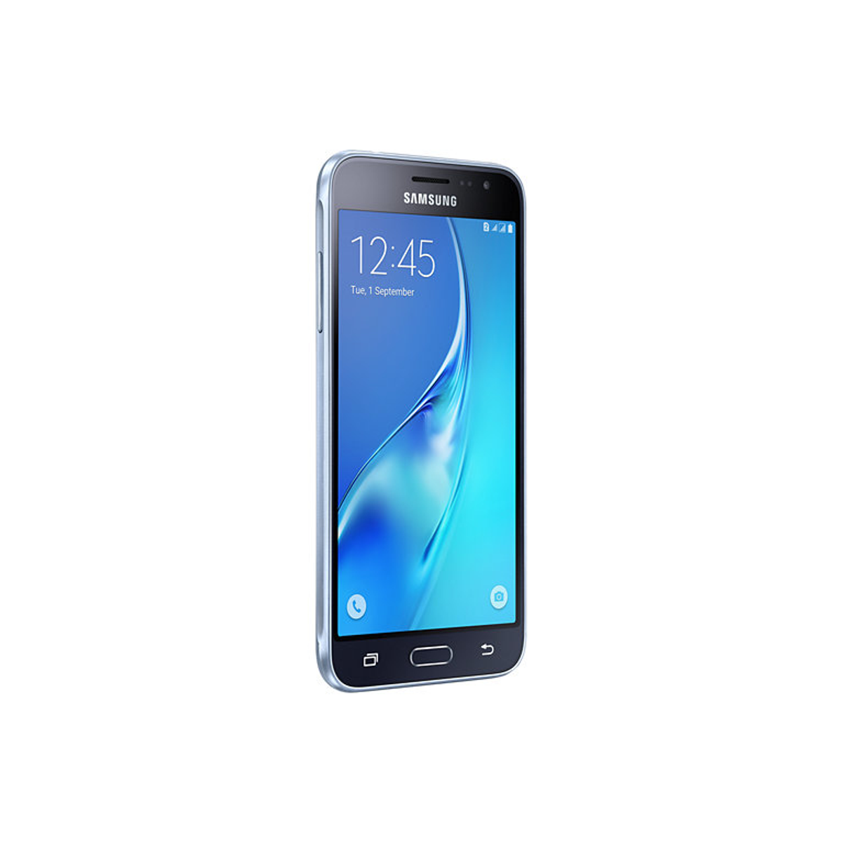 Schwarzes Samsung-Smartphone mit blauem Bildschirm, der die Uhrzeit anzeigt, weißer Hintergrund.