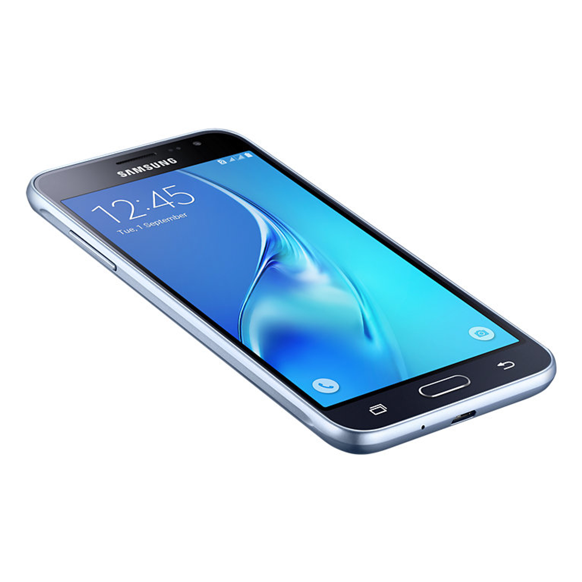 Ein Samsung-Smartphone mit blauem Bildschirm, der Zeit und Datum anzeigt, vor weißem Hintergrund.