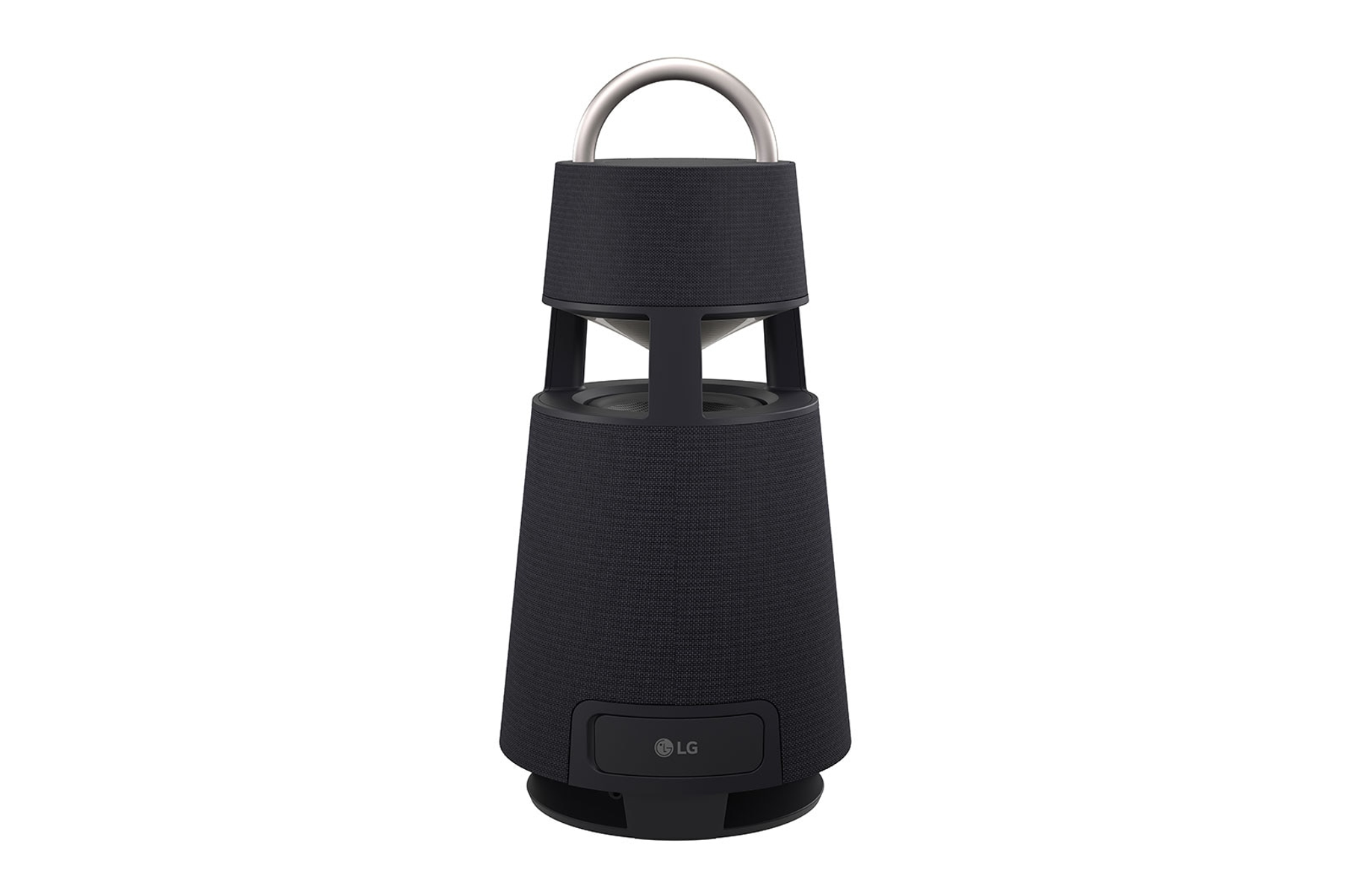Schwarzer zylindrischer Lautsprecher mit silbernem Griff oben. Hat ein schwarzes Mesh-Design. Weißer Hintergrund.