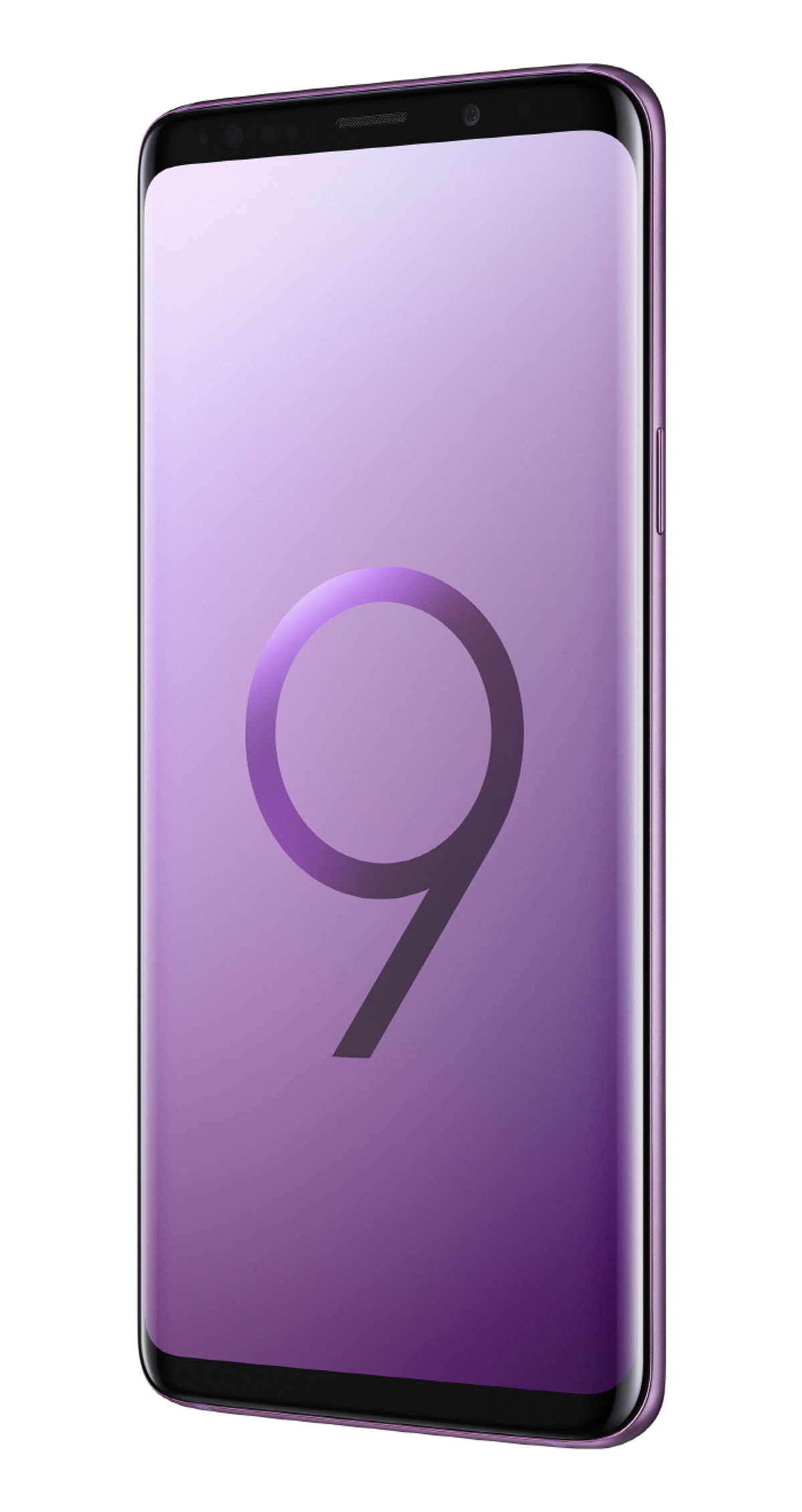 Lila Smartphone mit der Nummer 9 auf dem Bildschirm. Abgewinkelte Ansicht, weißer Hintergrund.
