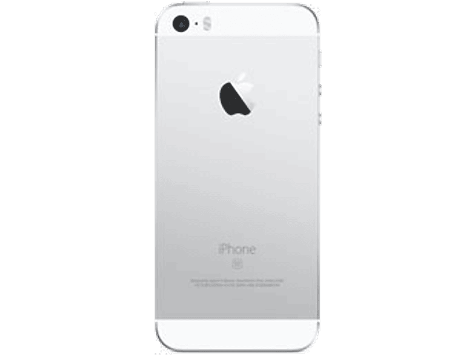 Ein weißes iPhone SE mit schwarzem Apple-Logo und dem Wort iPhone auf der Rückseite. Schwarzer Hintergrund.