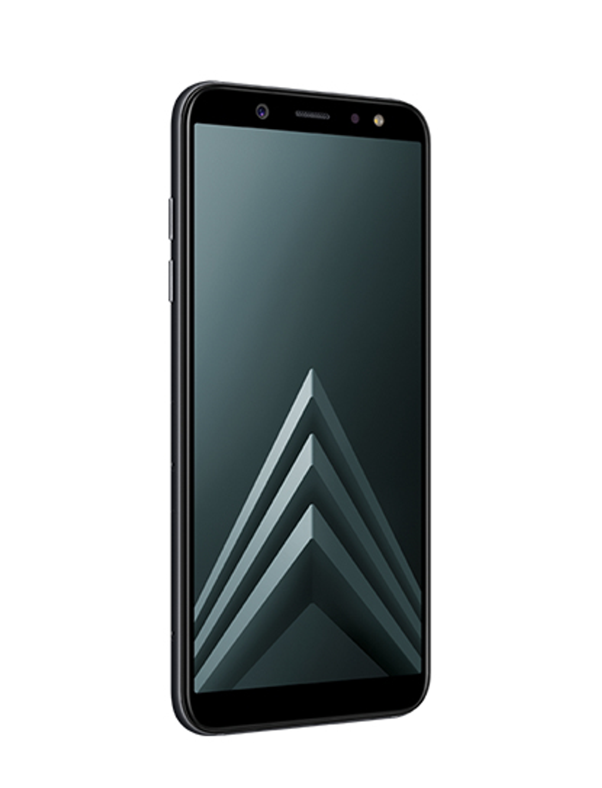 Ein schwarzes Smartphone mit geometrischem Bildschirmdesign, isoliert, mit dunklem Farbschema.