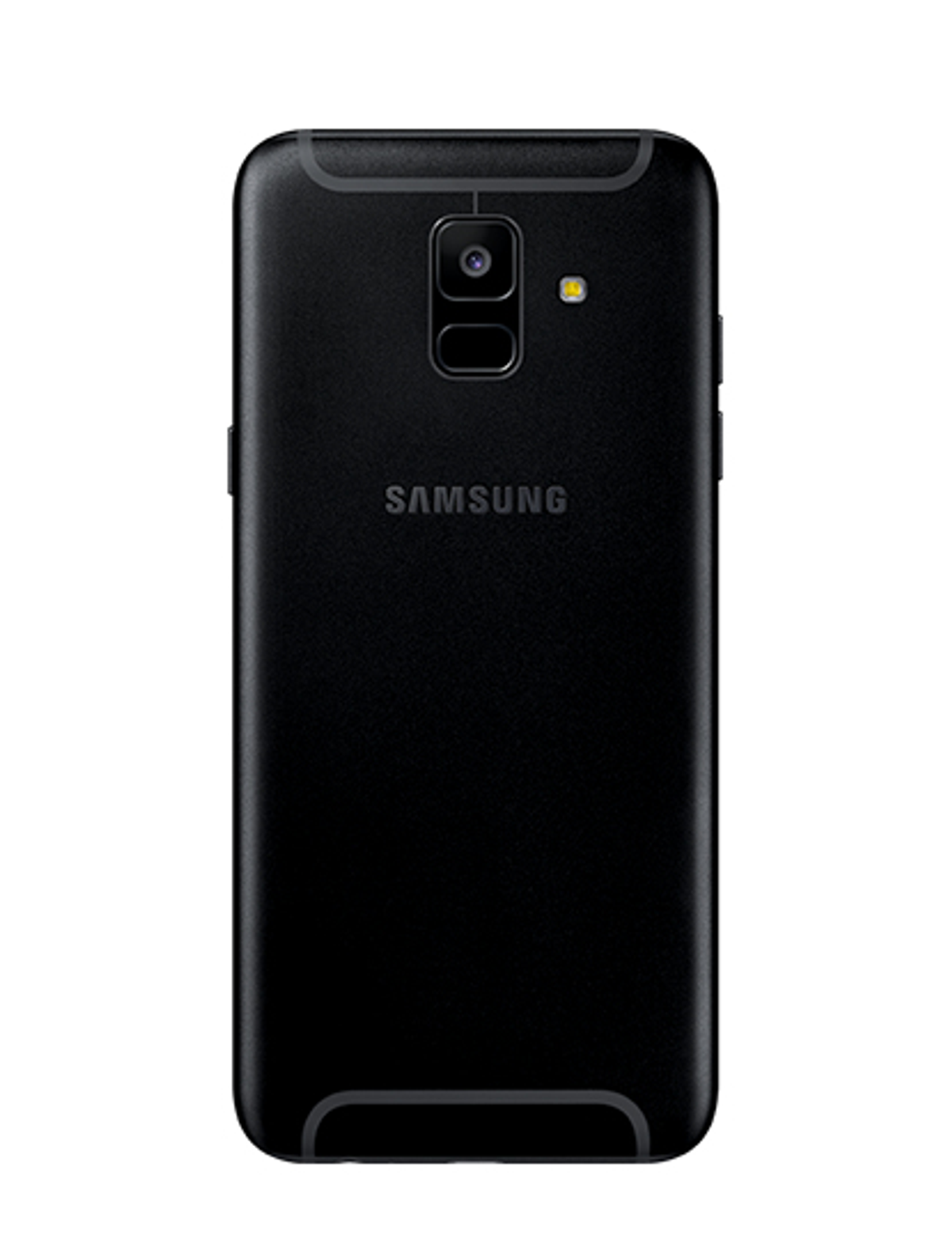 Schwarzes Smartphone mit Rückkamera und Samsung-Logo auf weißem Hintergrund.