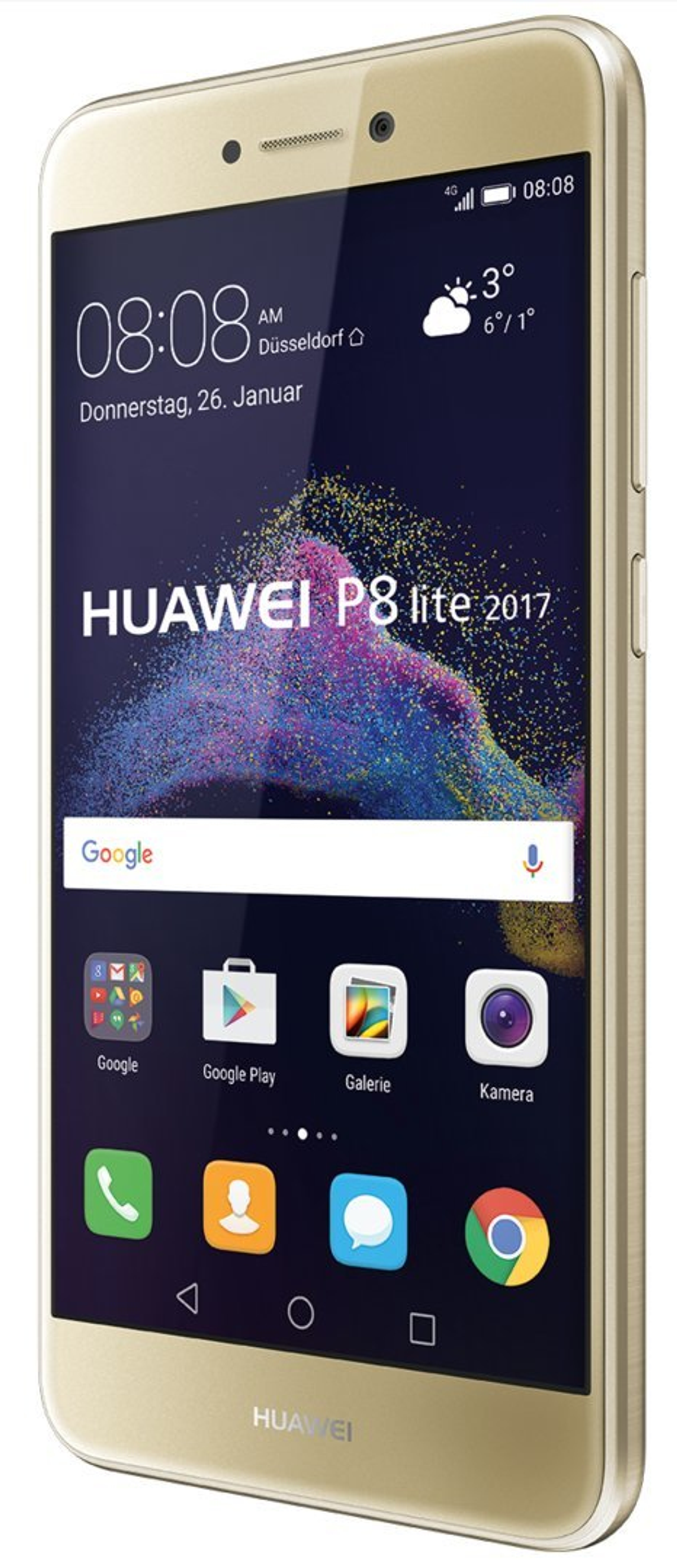 Ein goldenes Huawei P8 Lite 2017, das Zeit, Datum und Apps auf dem Bildschirm anzeigt.