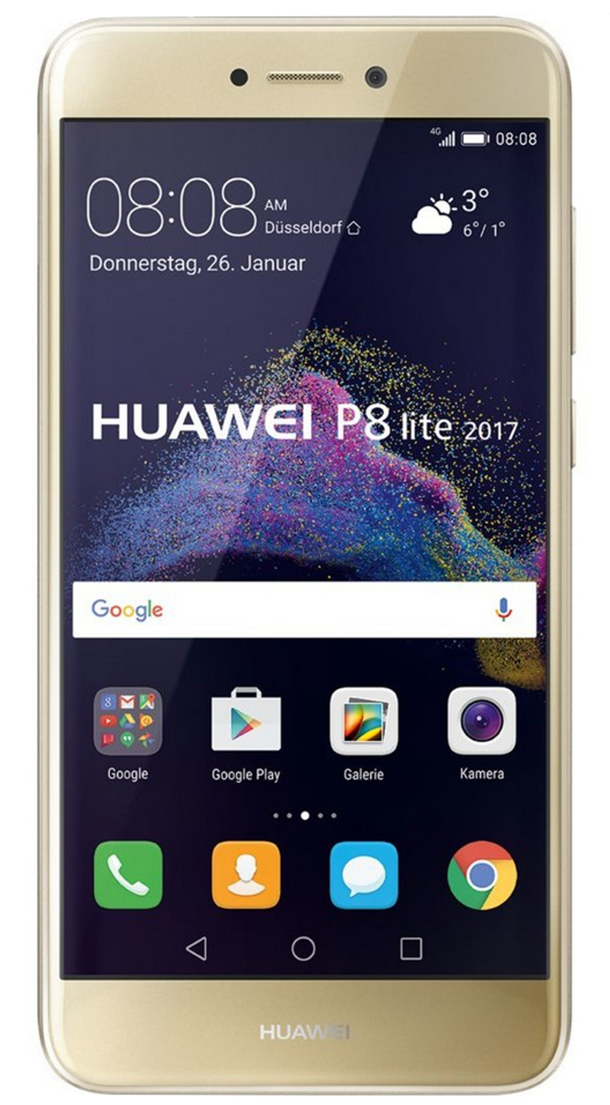 Goldenes Huawei P8 Lite-Telefon mit Datum und Uhrzeit sowie angezeigten Apps.