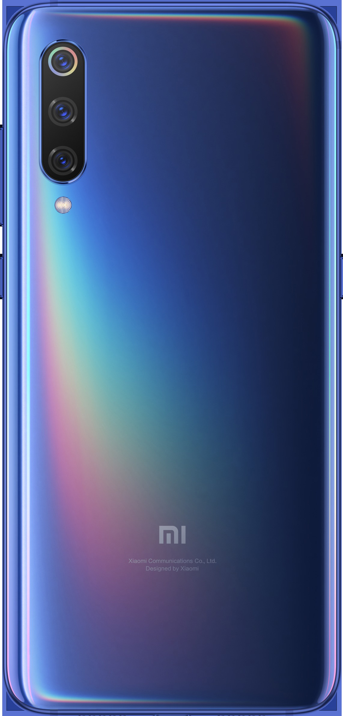 Rückseite eines dunkelblauen Smartphones mit drei Kameras und dem Mi-Logo.