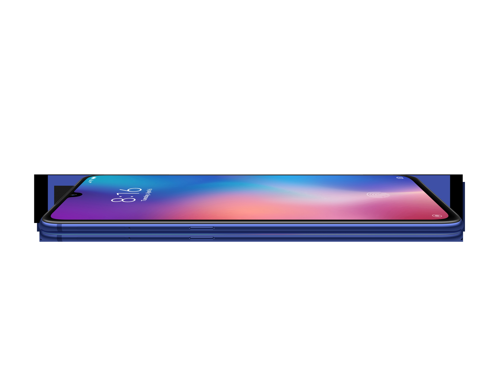 Schlankes blaues Telefon. Telefon liegt flach, Bildschirm sichtbar, Zeit wird angezeigt.