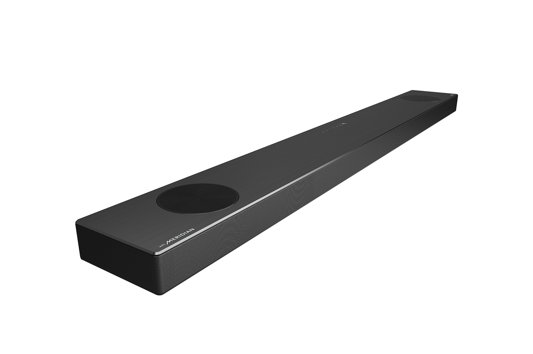 Schwarze Soundbar auf weißem Hintergrund, ein schlankes, rechteckiges Design.