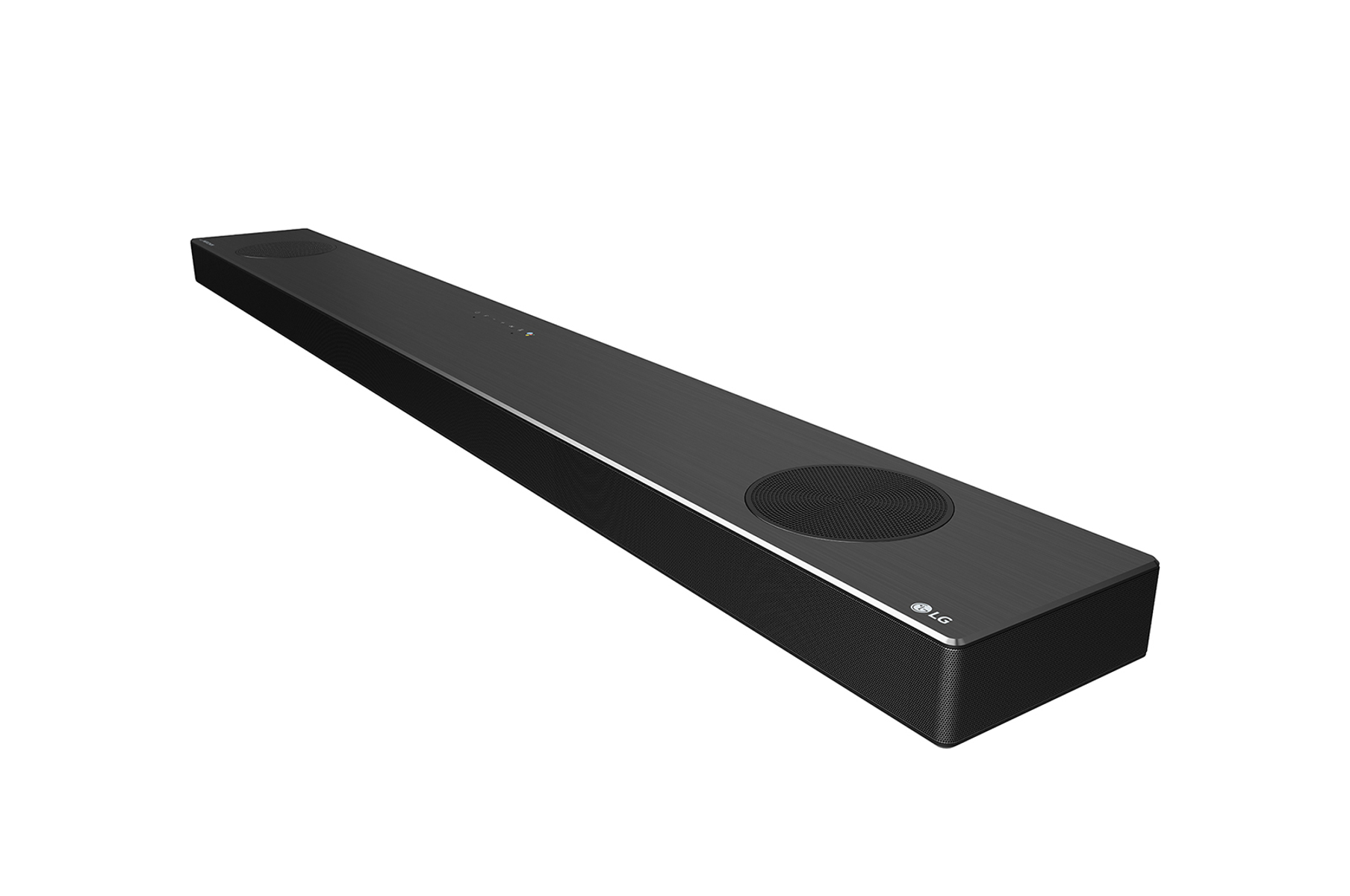 Schwarze LG Soundbar mit silbernen Kanten, auf weißem Hintergrund platziert.