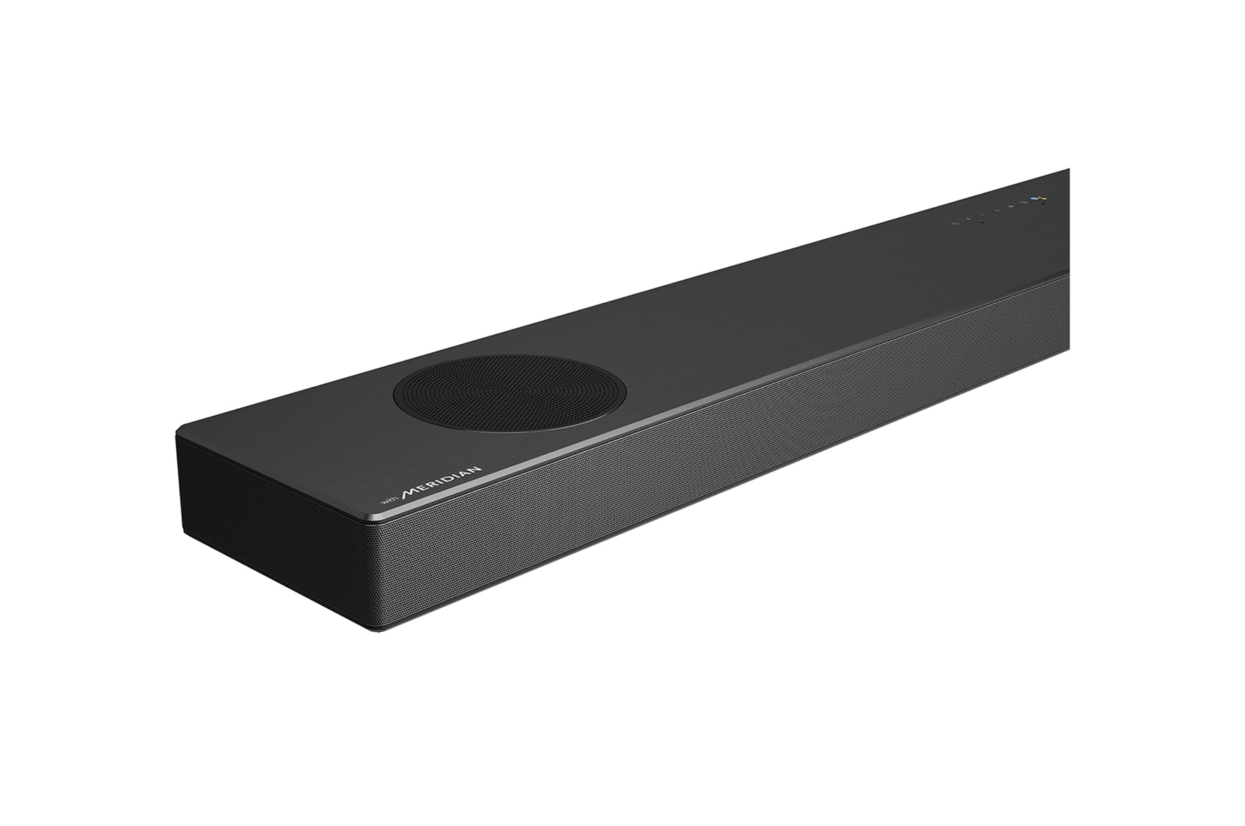 Schwarze Soundbar mit zentralem Lautsprecher und Meridian-Logo.
