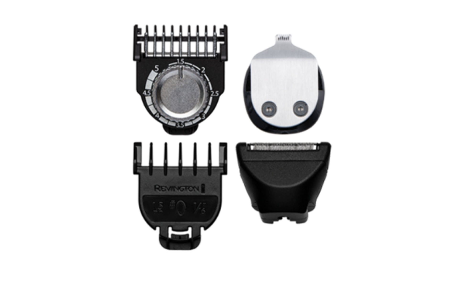 Zbliżenie głowicy golarki z różnymi nasadkami. Czarne tło.