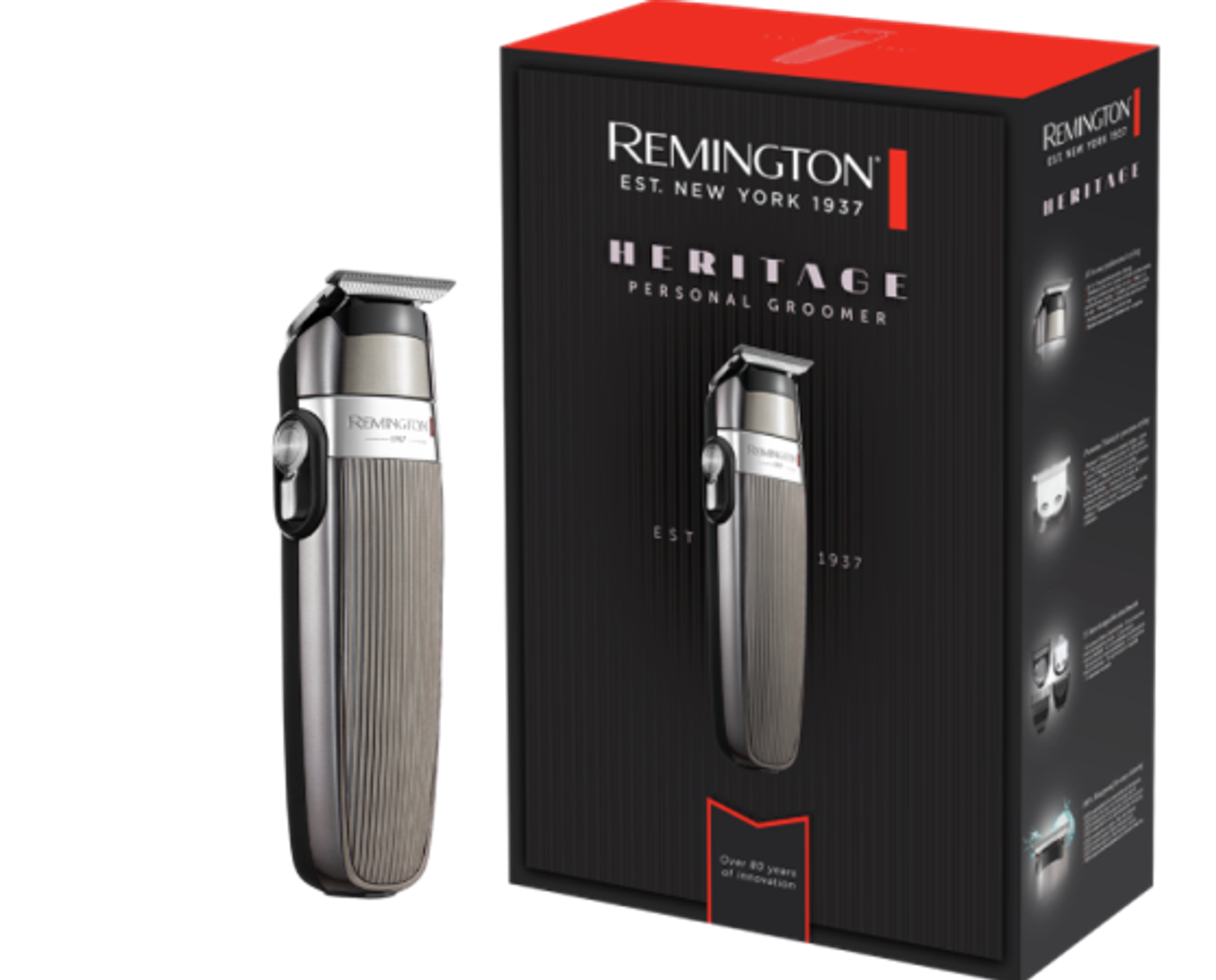 Trymer osobisty Remington Heritage i jego pudełko. Oba są szare i czarne.