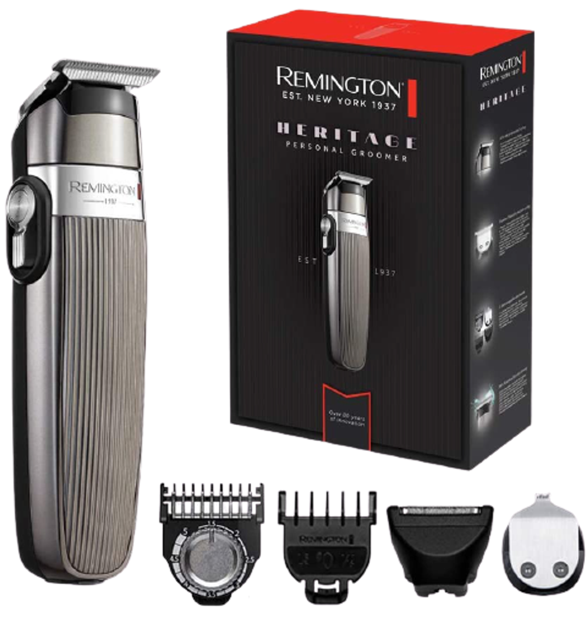 Srebrno-szara maszynka do strzyżenia Remington Heritage, z akcesoriami i opakowaniem.