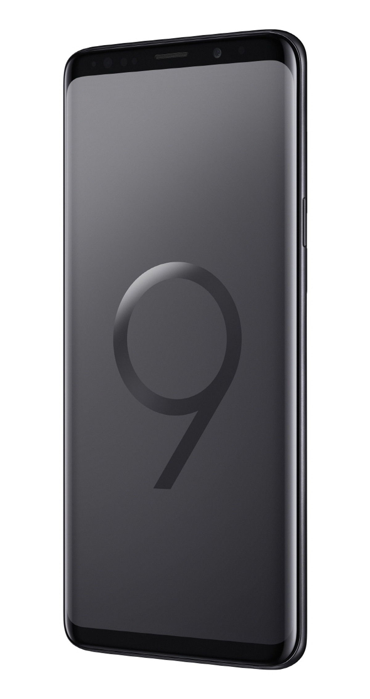 Schwarzes Samsung Galaxy S9 mit der Zahl 9 auf dem Bildschirm. Weißer Hintergrund.