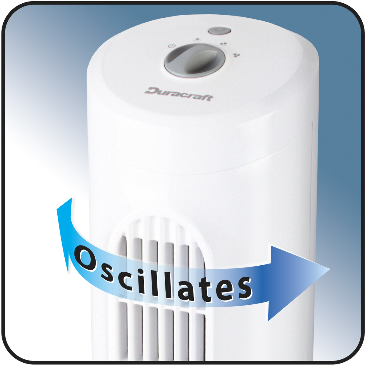 Ventilatore oscillante Duracraft bianco. La freccia e il testo indicano l'oscillazione.