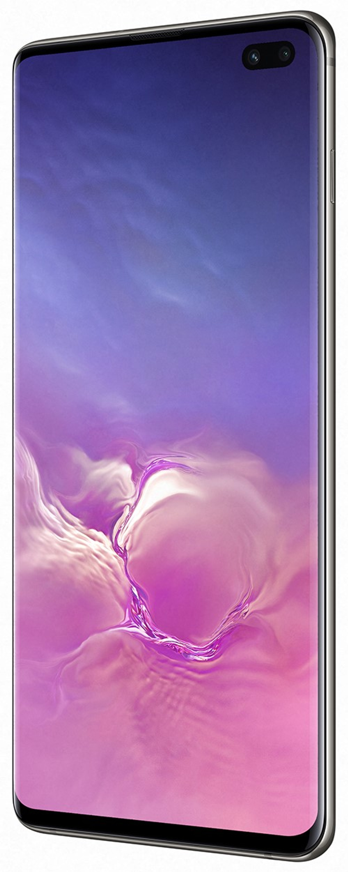 Ein Smartphone mit gebogenem Bildschirm. Der Bildschirm zeigt einen lila-blauen Farbverlauf.
