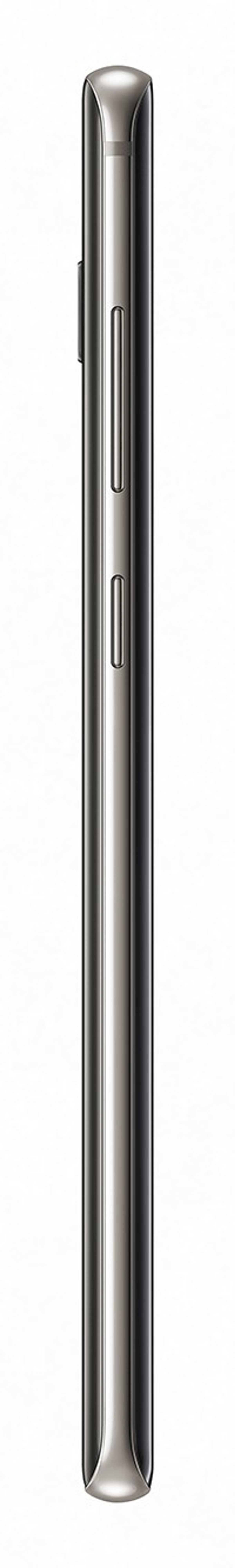 Eine Seitenansicht eines silbernen Smartphones. Es hat zwei Tasten an der Seite.