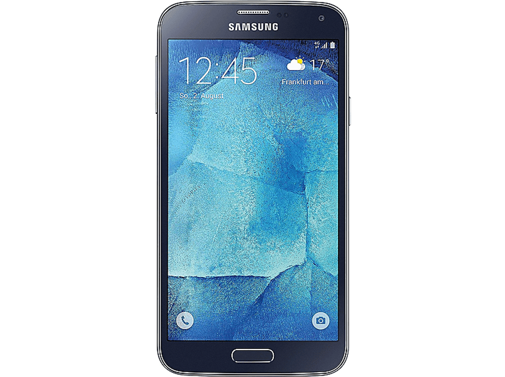Ein schwarzes Samsung-Smartphone mit einem Sperrbildschirm mit Zeit- und Wetterdetails.