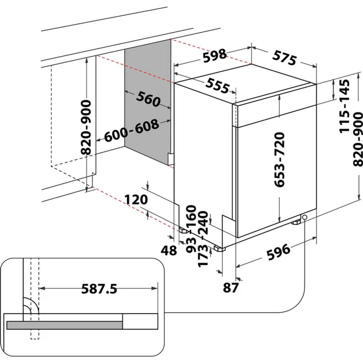Diagramm eines Einbau-Geschirrspülers mit Abmessungen. Enthält eine Draufsicht des Raumes.