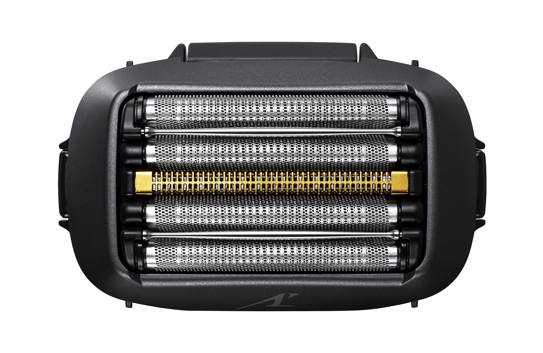 Zbliżenie czarnej głowicy golarki elektrycznej z wieloma srebrnymi i złotymi ostrzami.