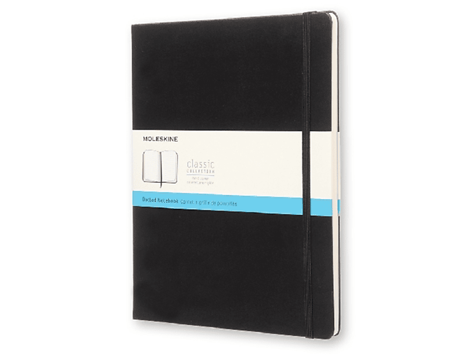 Czarny notatnik Moleskine z gumką, widok z kąta.